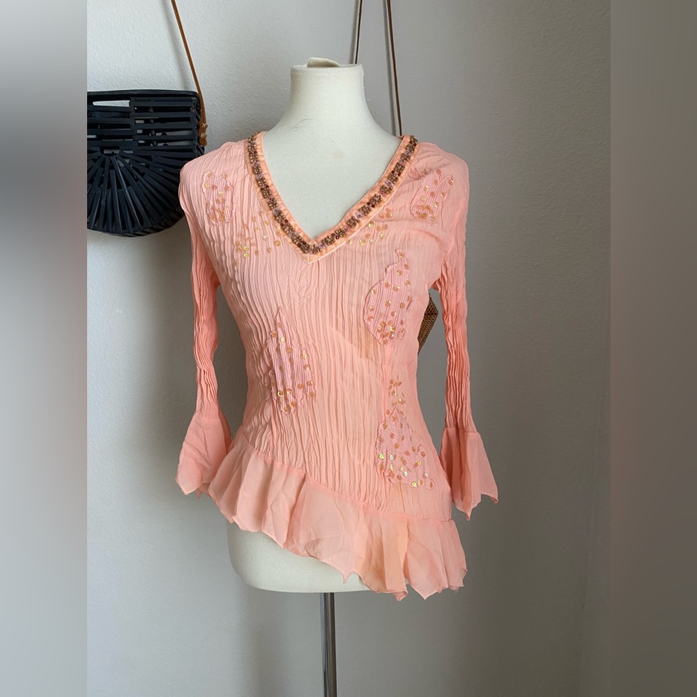 Kaelyn-Max Sheer Sequin Crinkle Ruffle Blouse, Size Small